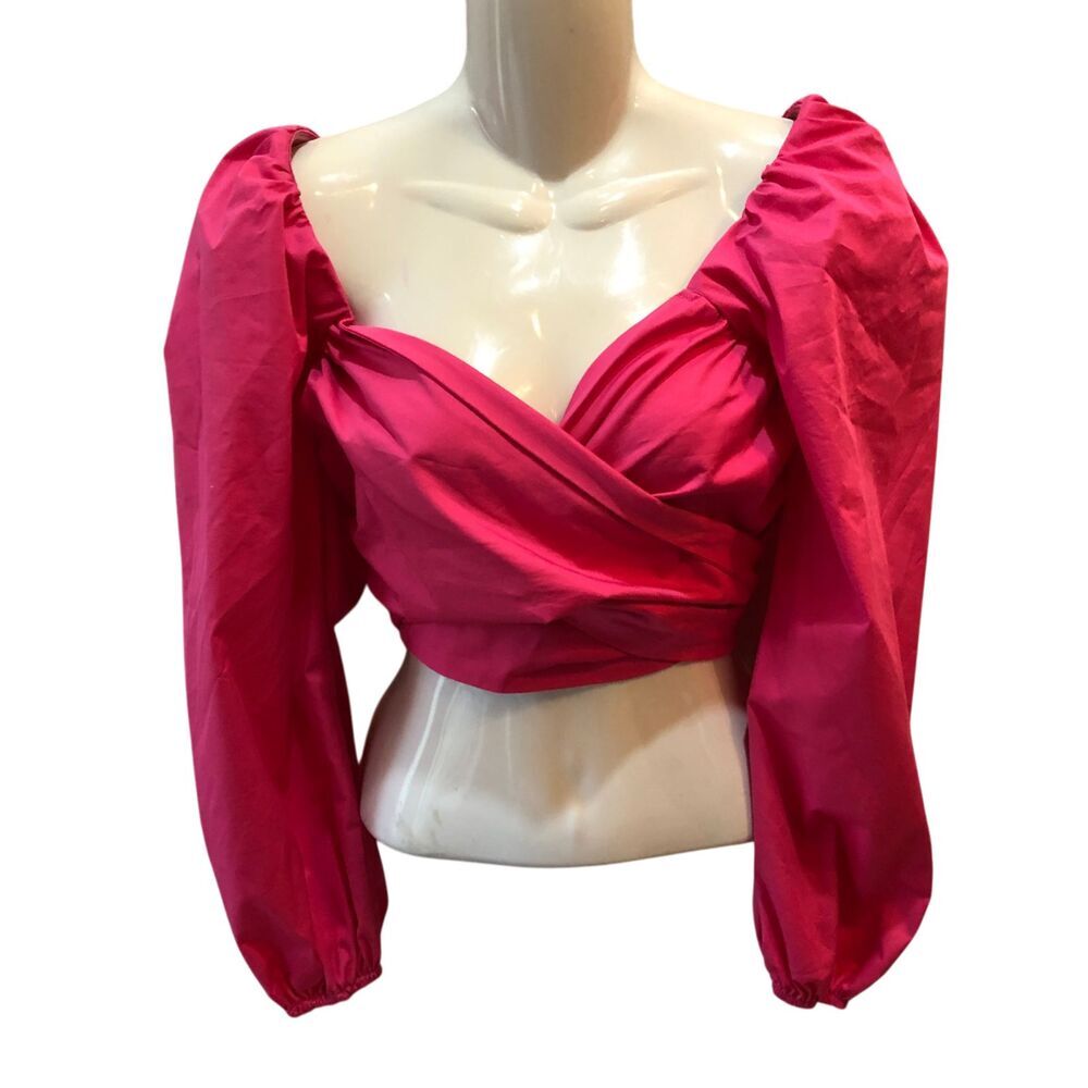 Mable Womens Small Hot Pink Long Puff Sleeve Wrap Sweetheart Cropped Top Shirt